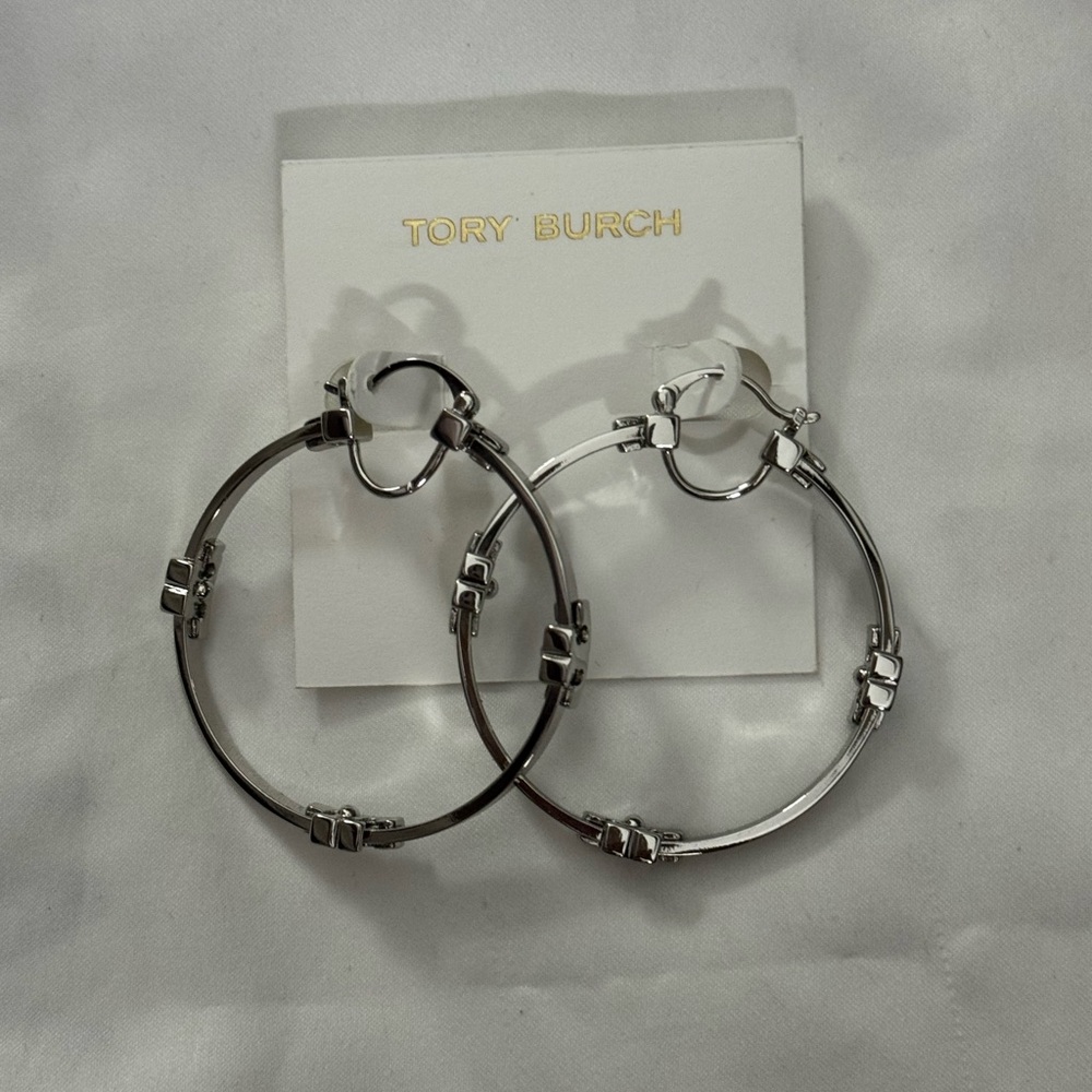 Tory Burch Silver Serif-T Logo Hoop Earrings